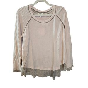 Umgee Waffle Knit Leopard Trim Long Sleeve Top Women Size S New
